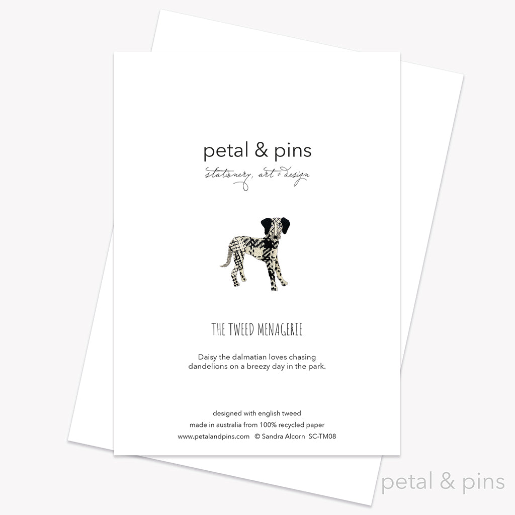 dalmatian greeting card back from the tweed menagerie collection by petal & pins