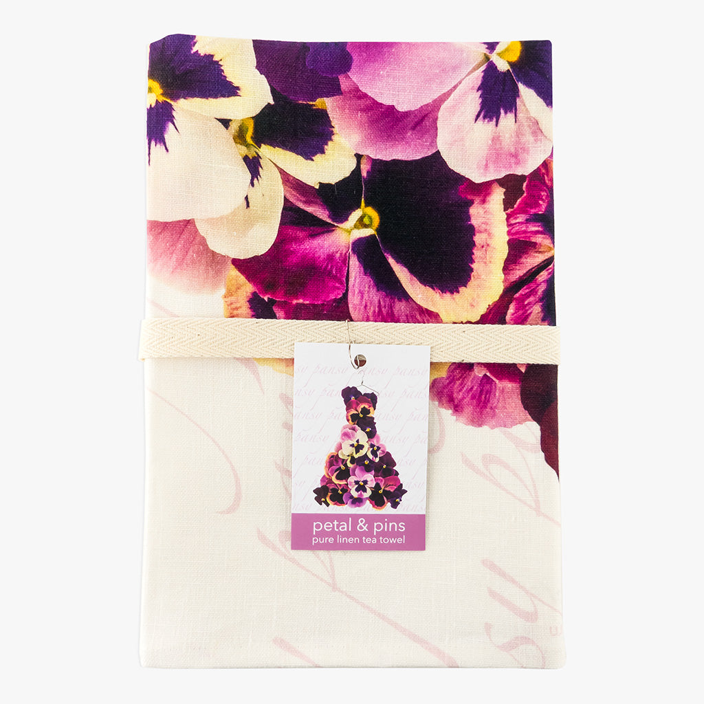 pansy gown pure linen tea towel from petal & pins folded with cotton twill band and tag