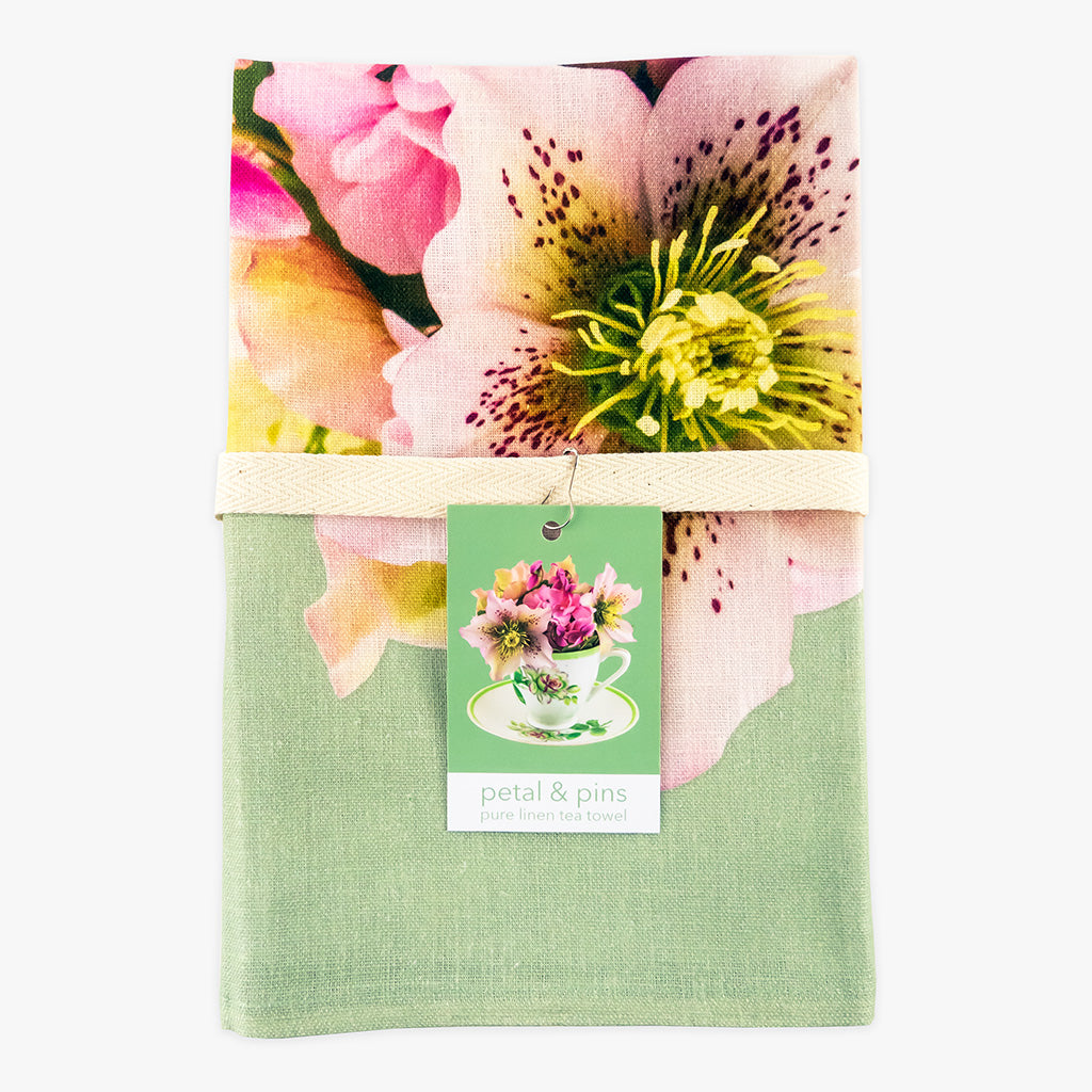 vintage teacup posy pure linen tea towel by petal & pins with cotton twill band and tag