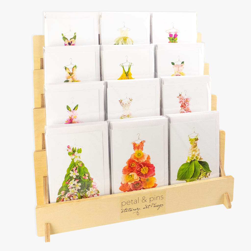 card display stand - filled with petal & pins cards