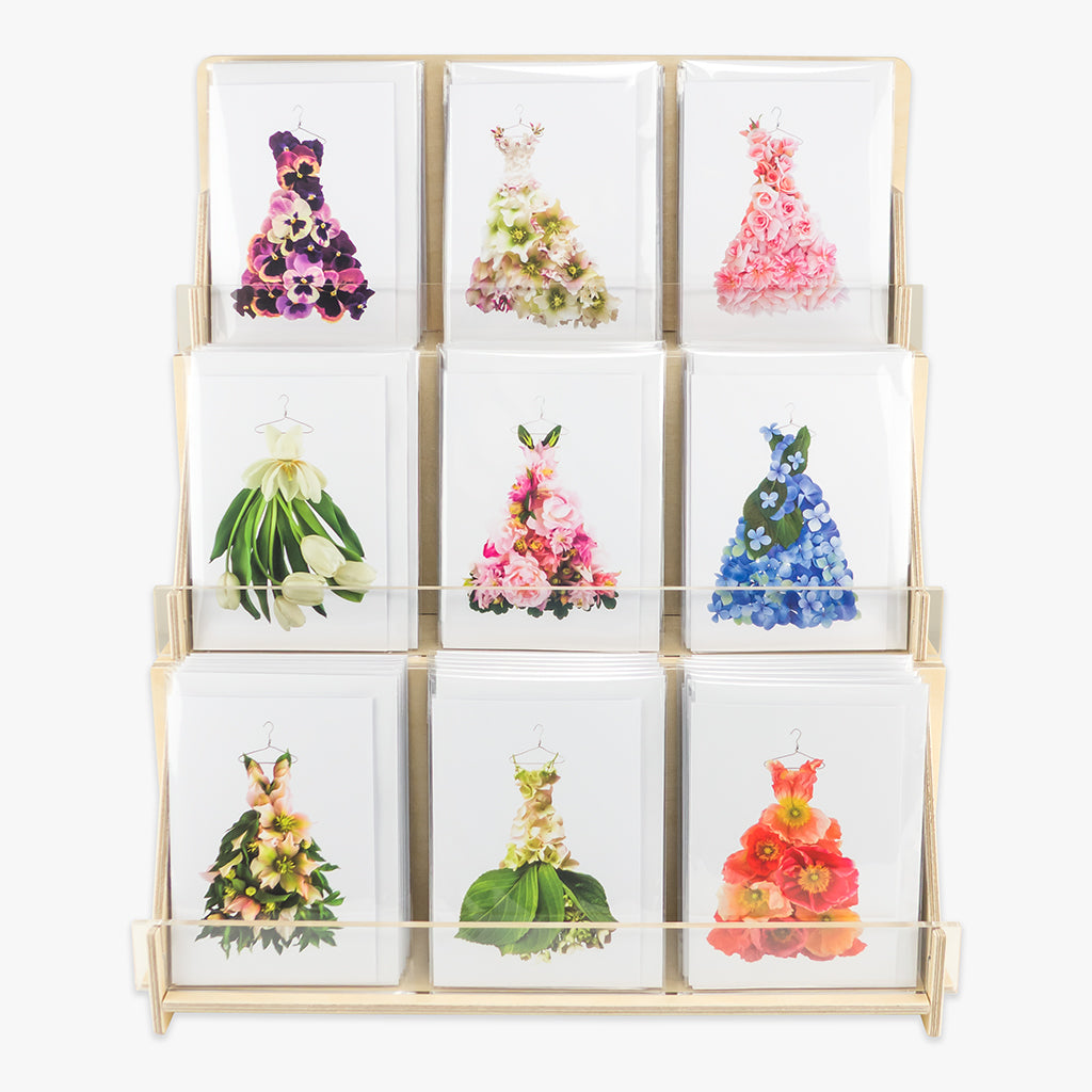 card display stand - three tier countertop - holds nine card styles - shown with petal & pins cards (not included)