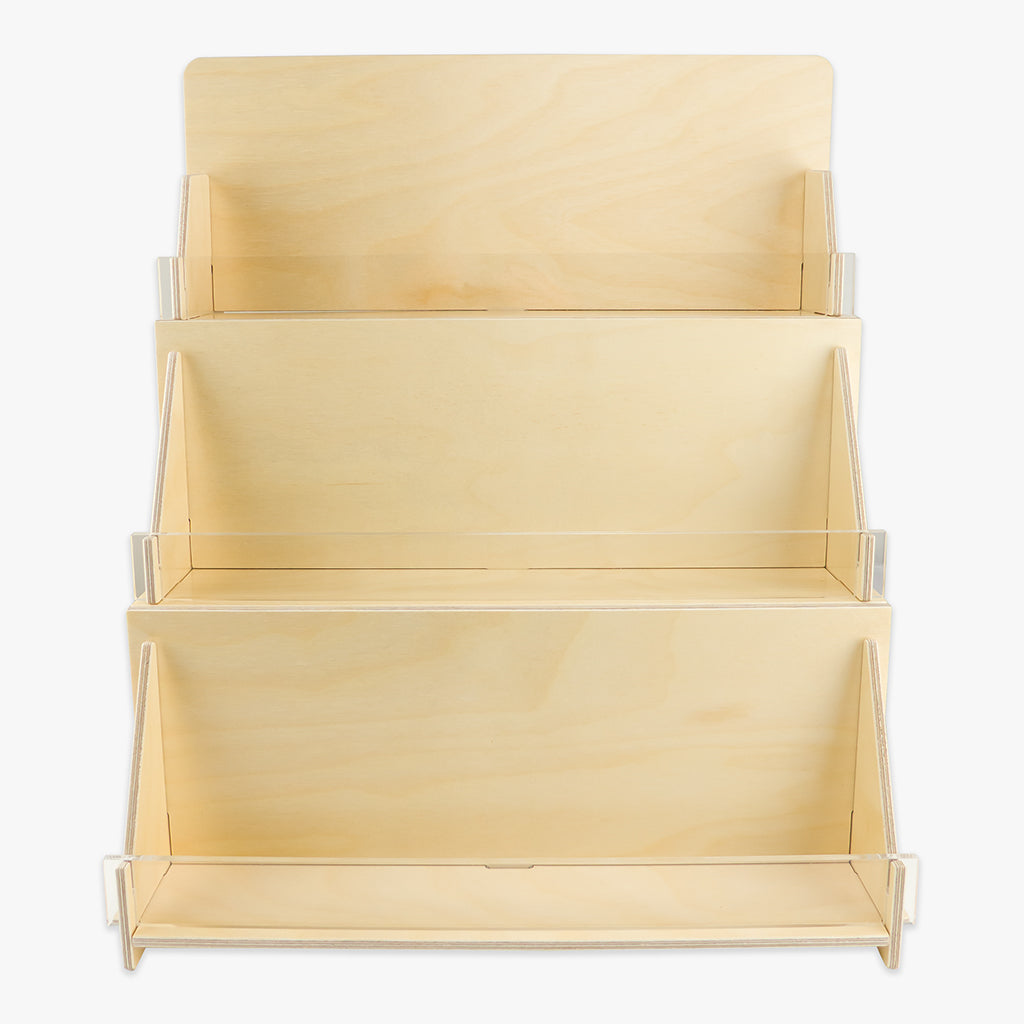 card display stand - three tier countertop - holds nine card styles - plywood and acrylic