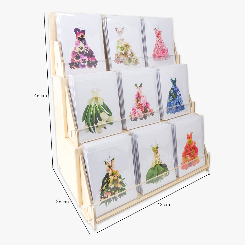 card display stand - three tier countertop - holds nine card styles - shown with petal & pins cards (not included)