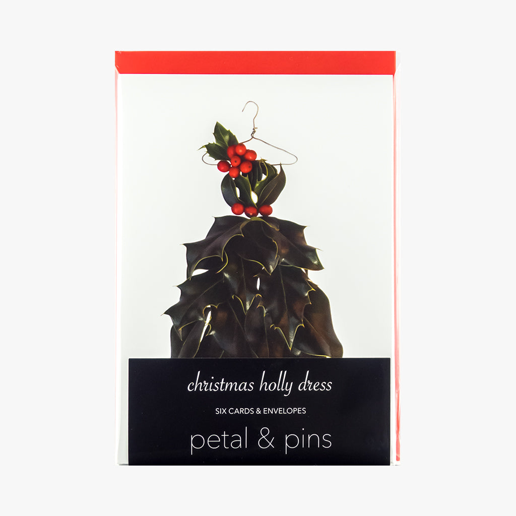 christmas holly dress style 3 cards - pack of six christmas cards by petal & pins