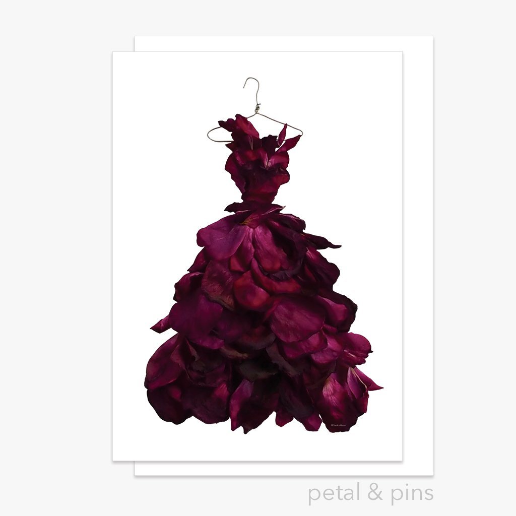 red wine rose gown greeting card by petal & pins