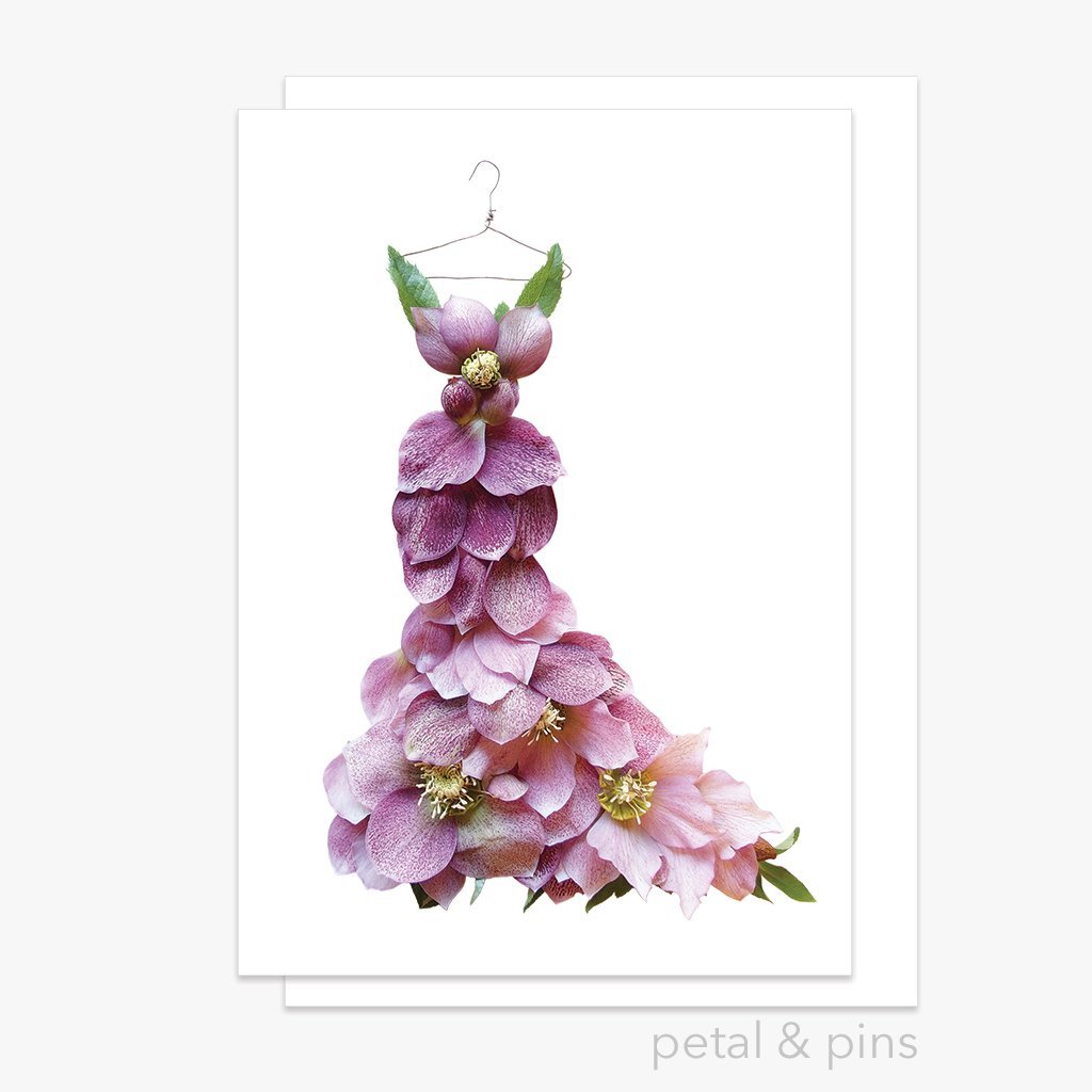 pink hellebore dress greeting card by petal & pins