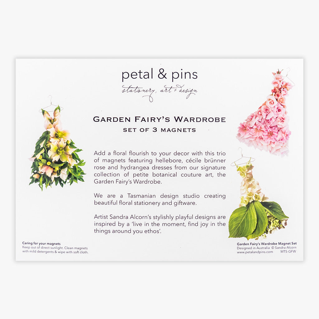 garden fairy's wardrobe set of 3 magnets (back of packet) by petal & pins