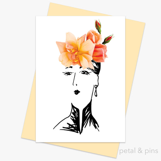 perle d'or rose hat greeting card by petal & pins
