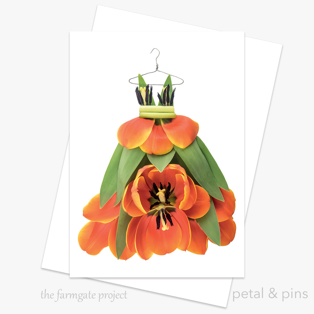 tangerine tulip dress floral greeting card by petal & pins for the farmgate project