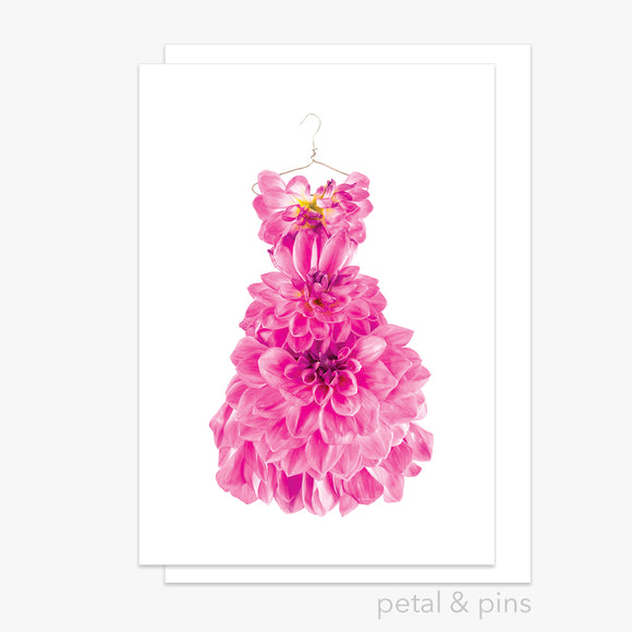pink dahlia dress greeting card by petal & pins