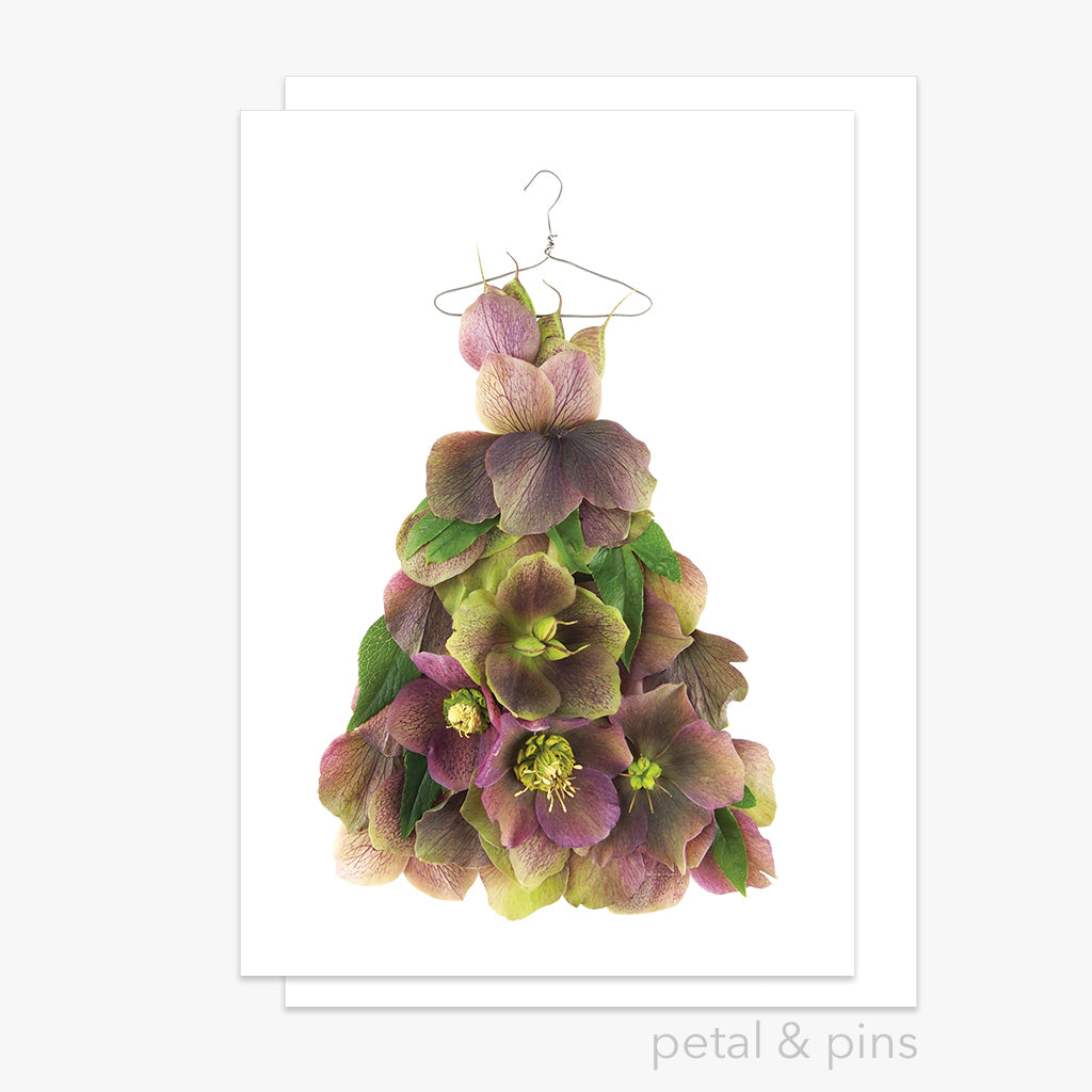 purple & chartreuse hellebore dress greeting card by petal & pins