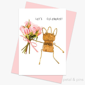 champagne girl let's celebrate greeting card by petal & pins