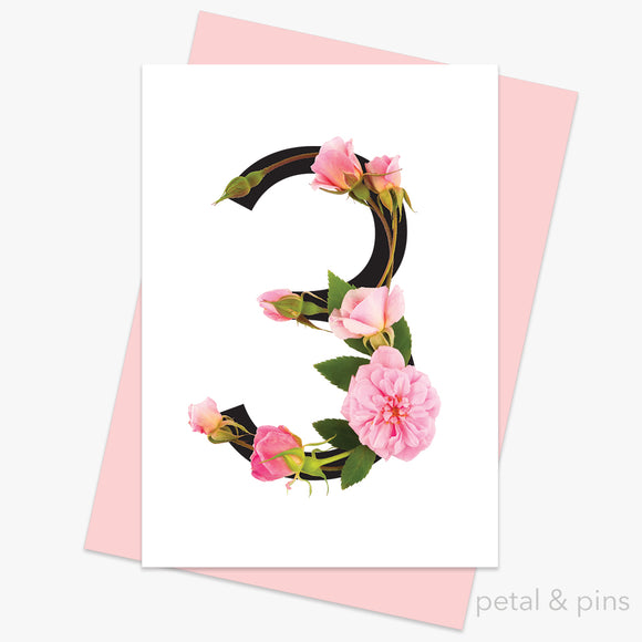 celebration roses number 3 card by petal & pins
