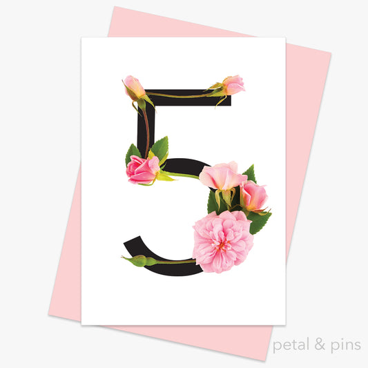 celebration roses number 5 card by petal & pins