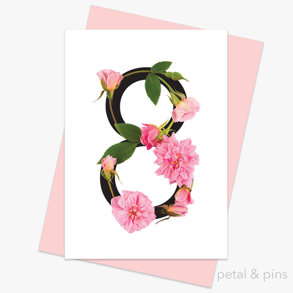 celebration roses number 8 card by petal & pins