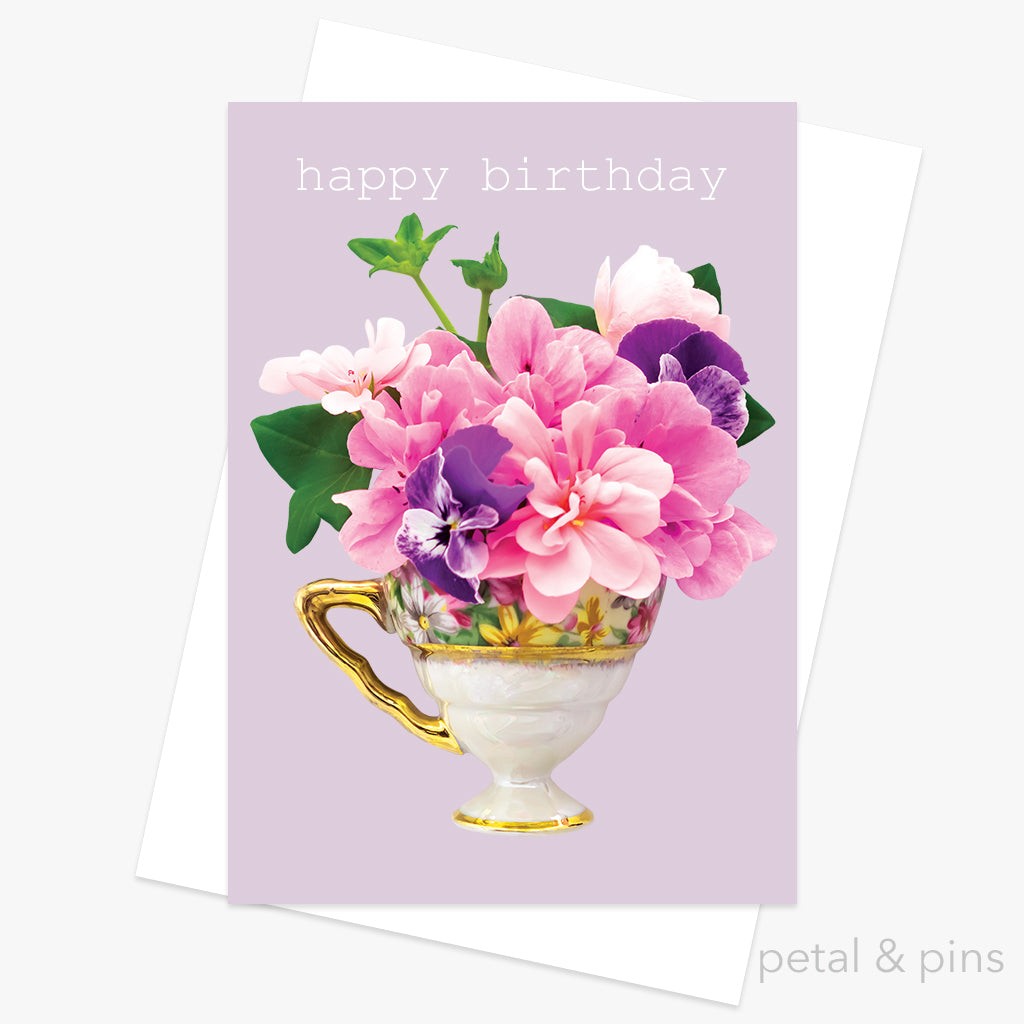 teacup bouquet greeting card by petal & pins