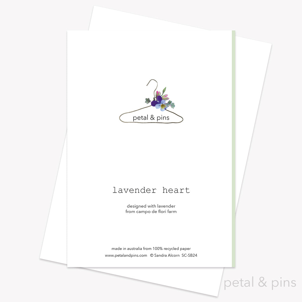 lavender heart greeting card back by petal & pins